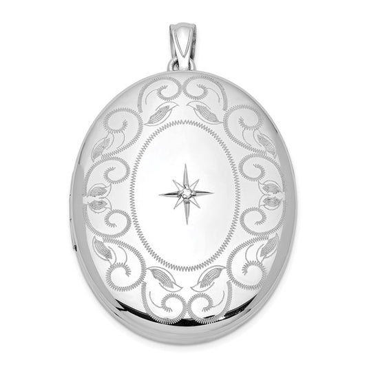 Sterling Silver Rhodium-plated and Diamond with Swirl Border 34mm Oval Locket