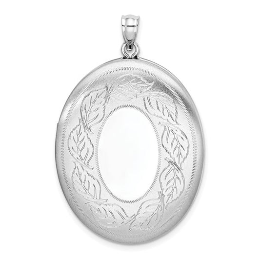 Sterling Silver Rhod-plated Polished/ Satin Leaves Border 34mm Oval Locket