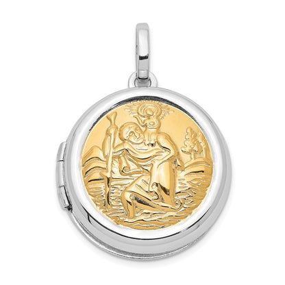 Sterling Silver Rhodium and Gold-plated Round St. Christopher Locket
