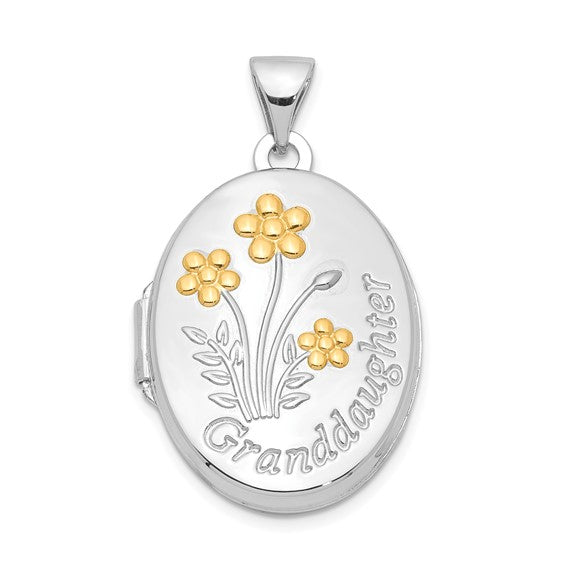 Sterling Silver Rhod-plated and Gold-plated Floral Granddaughter Oval Locket