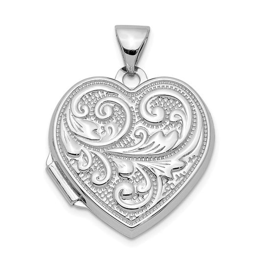 Sterling Silver Rhodium-plated 18mm Scroll Design Heart Locket