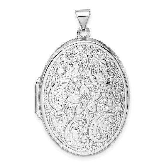 Sterling Silver Rhodium-plated Reversible Floral Swirl Oval Locket