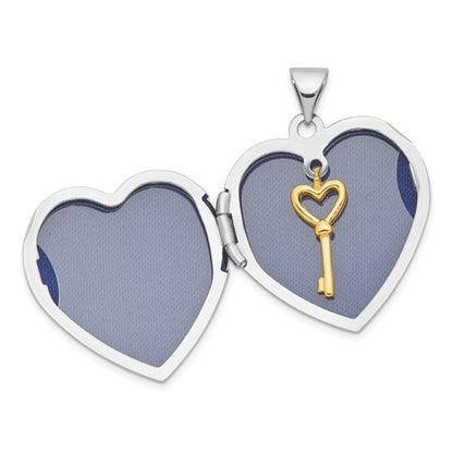 Sterling Silver Rhodium and Gold-plated with Key Charm Inside 21mm Heart Locket