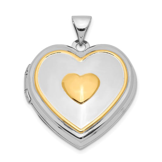 Sterling Silver Rhodium and Gold-plated with Key Charm Inside 21mm Heart Locket