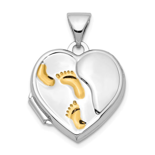 Sterling Silver Rhodium and Gold-plated 15m Heart Foot Prints Locket