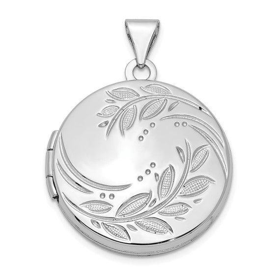 Sterling Silver Rhodium-plated 20mm Round Leaf Floral Locket