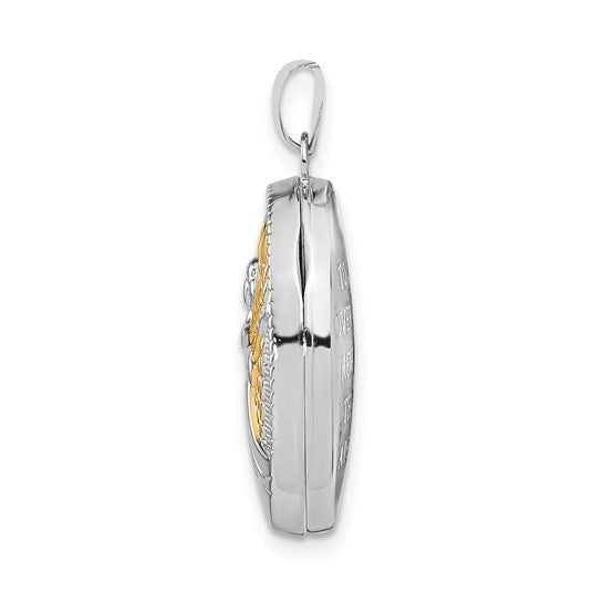 Sterling Silver Rhodium-plated and Gold-plated Guardian Angel Oval Locket