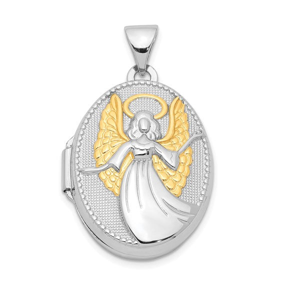 Sterling Silver Rhodium-plated and Gold-plated Guardian Angel Oval Locket