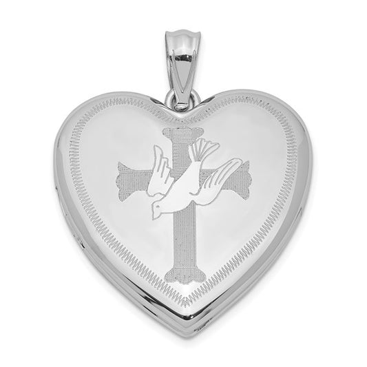 Sterling Silver Rhodium-plated Dove with Cross Heart Locket