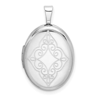 Sterling Silver Rhodium-plated Scroll Oval Locket