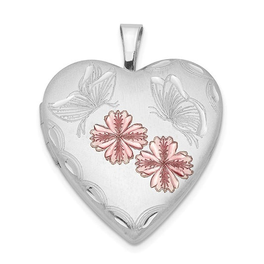 Sterling Silver Rhodium-plated Enameled Flowers and Butterfly Heart Locket