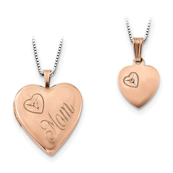 Sterling Silver Rose Gold-plated Diamond Polished Heart Locket and Pendant Se