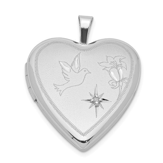 Sterling Silver Rhodium-plated Diamond D/C Dove and Flower Heart Locket
