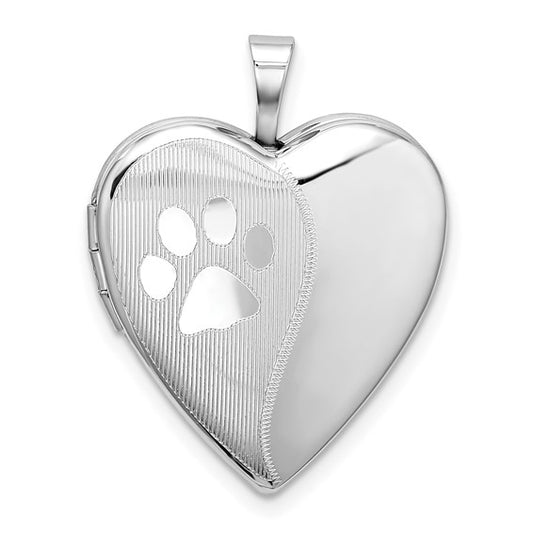 Sterling Silver Rhodium-plated Satin and Polished Paw Prints Heart Locket