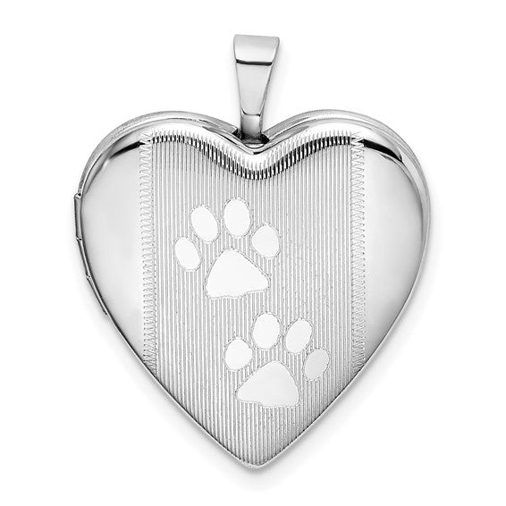 Sterling Silver Rhodium-plated Textured and Polished Paw Prints Heart Locket