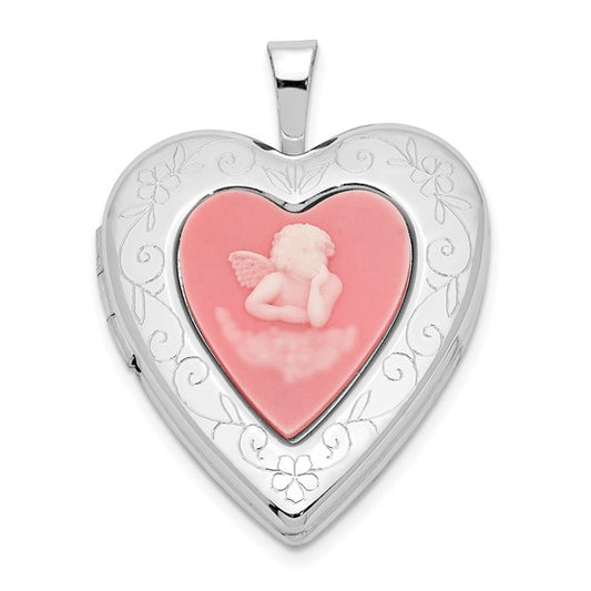 Sterling Silver Rhodium-plated 20mm Pink Agate Angel Cameo Locket