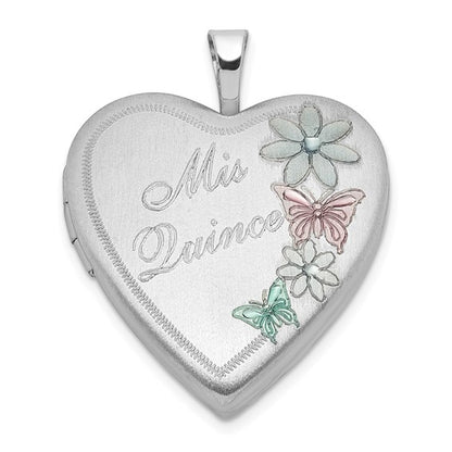 Sterling Silver Satin Enameled Mis Quince Butterfly Heart Locket