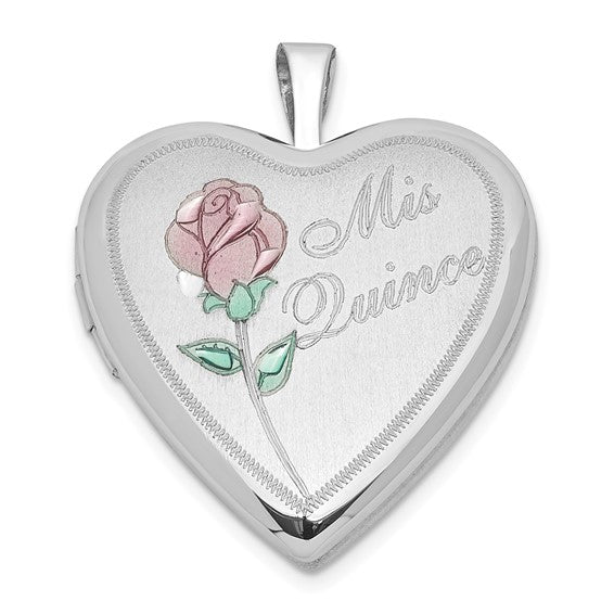 Sterling Silver Polished and Satin 20mm Enameled Rose Mis Quince Heart Locket