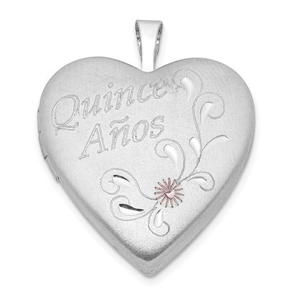 Sterling Silver Satin and Diamond-cut Enameled Quince Anos Heart Locket