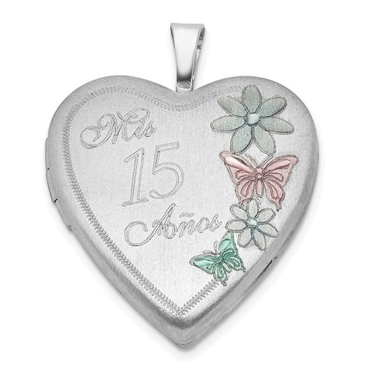 Sterling Silver Satin Enameled Mis 15 Años Butterfly Heart Locket