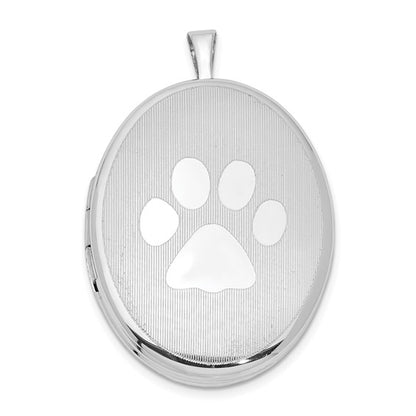 Sterling Silver Rhod-plated Textured and Polished Paw Print 26mm Oval Locket