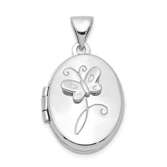 Sterling Silver Rhodium-plated 17x14mm Butterfly Oval Locket