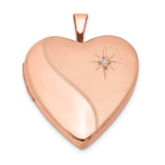 Sterling Silver Rose Gold-plated Polished and Satin 20mm Diamond Heart Locket
