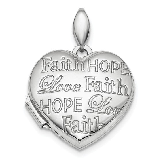 Sterling Silver Rhodium-plated Faith Hope Love 18mm Heart Locket