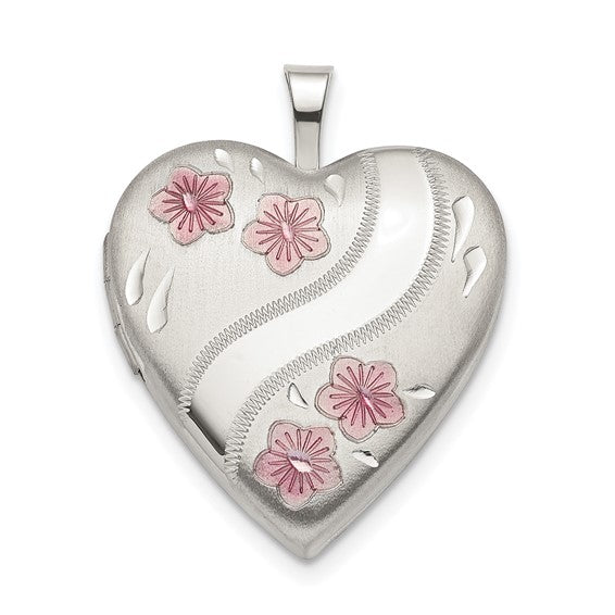 Sterling Silver Rhodium-plated 20mm Pink Enamel Flower Heart Locket