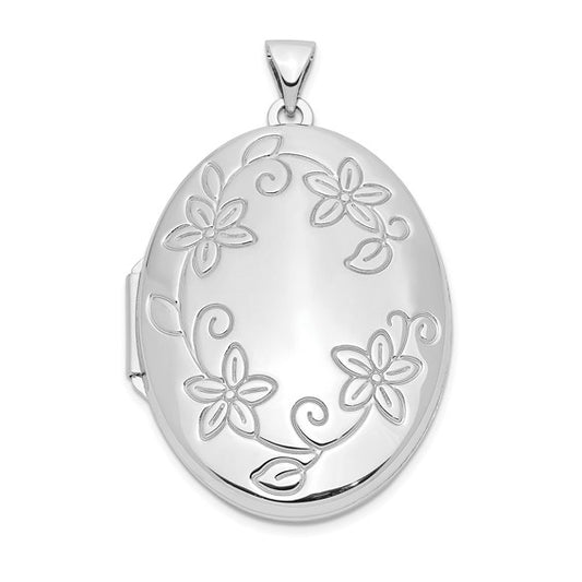 Sterling Silver Rhodium-plated 32mm Floral Oval Locket