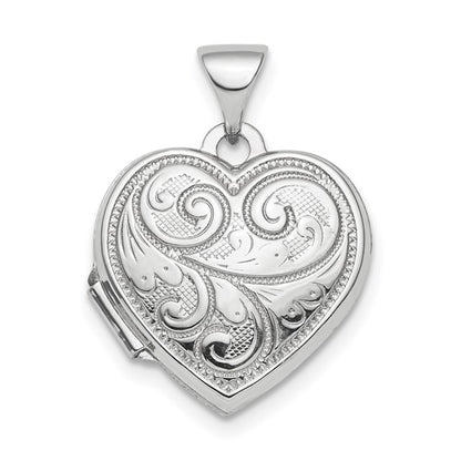 Sterling Silver Rhodium-plated Polished 15mm Heart Patterned Locket