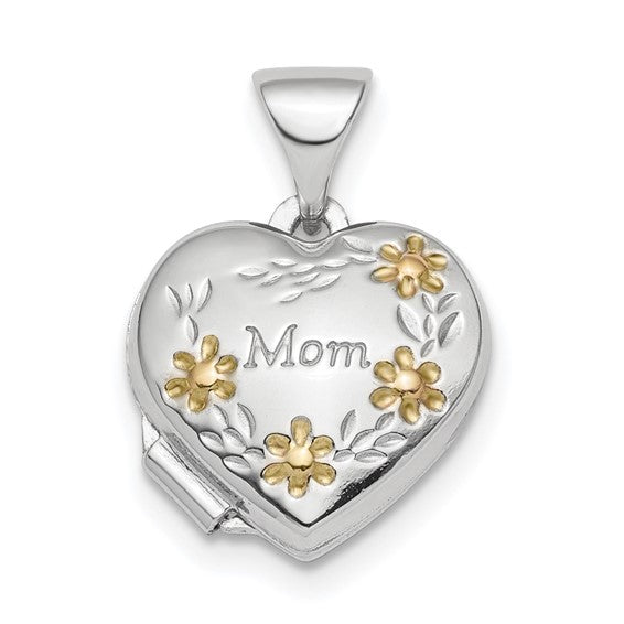 Sterling Silver Rhodium-plated and Gold-tone Floral Mom Heart Locket