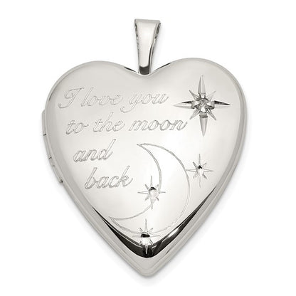 Sterling Silver Rhod-pltd 20mm LOVE TO THE MOON Diamond Heart Locket