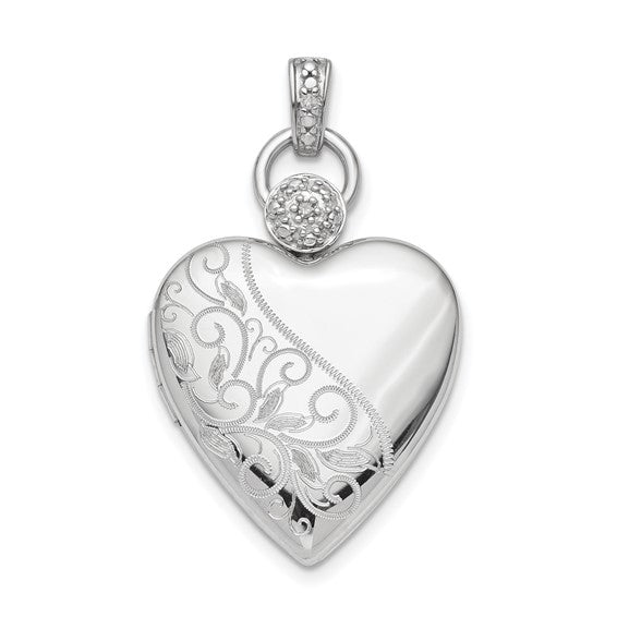 Sterling Silver Rhodium-plated 21mm Heart Dia. Accent D/C Satin Locket