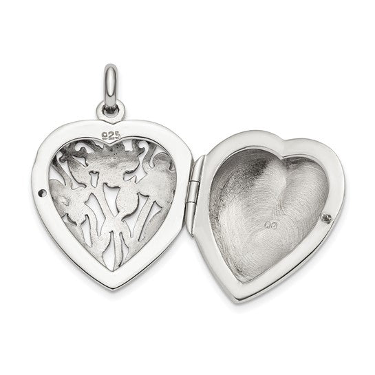Sterling Silver Polished and Antiqued Filigree Floral Top 22mm Heart Locket