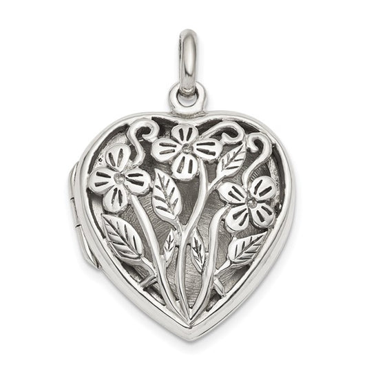 Sterling Silver Polished and Antiqued Filigree Floral Top 22mm Heart Locket