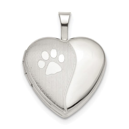 Sterling Silver Rhodium-plated 16mm Paw Print Heart Locket