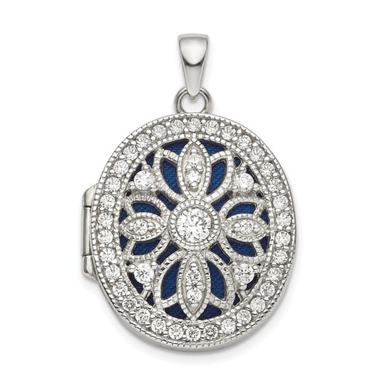 Sterling Silver Rhodium-plated Fancy CZ Oval Locket