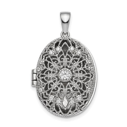 Sterling Silver Rhodium-plated CZ Filigree Top Polished Back Oval Locket