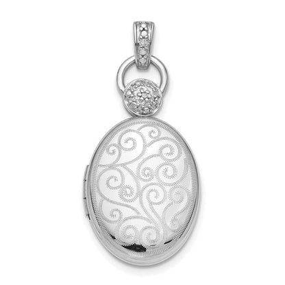 Sterling Silver Rhodium-plated 18mm Diamond Accent Scroll Oval Locket