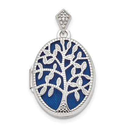 Sterling Silver Rhodium-plate Polished and Textured Diamond Tree Locket