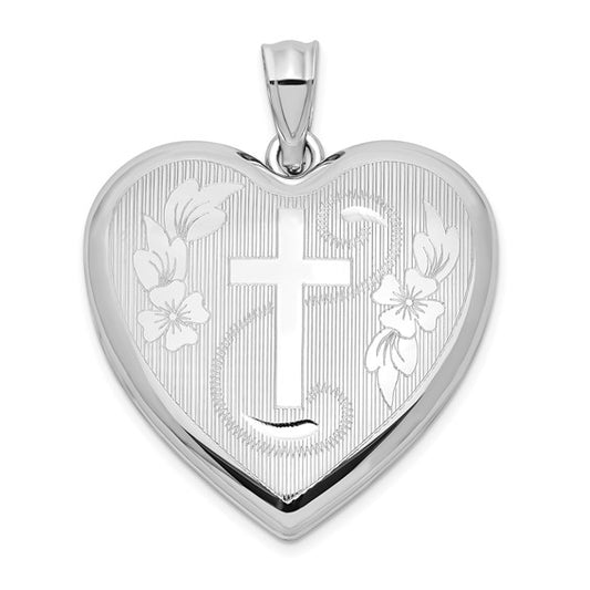 Sterling Silver Rhodium-plated 24mm D/C Cross Ash Holder Heart Locket