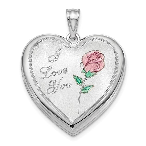 Sterling Silver Rhodium-plated 24mm Enameled Rose Ash Holder Heart Locket