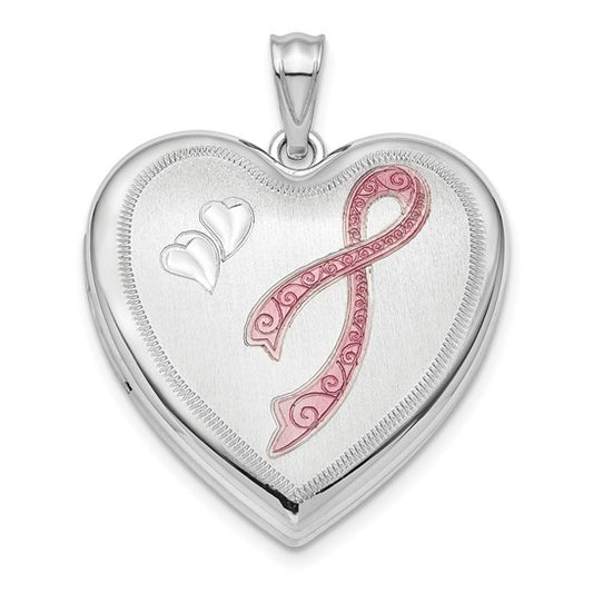 Sterling Silver Rhod-plated 24mm Enamel and D/C Pink Ribbon Ash Holder Locket