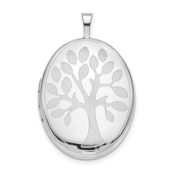 Sterling Silver Rhodium-plated 20mm Tree Oval Locket