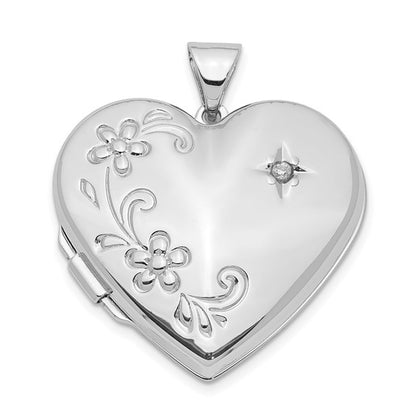 Sterling Silver Rhodium-plated 21mm Diamond Floral Heart Family Locket