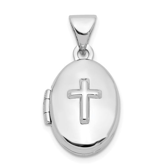 Sterling Silver Rhodium-plated Cross 16mm Oval Locket