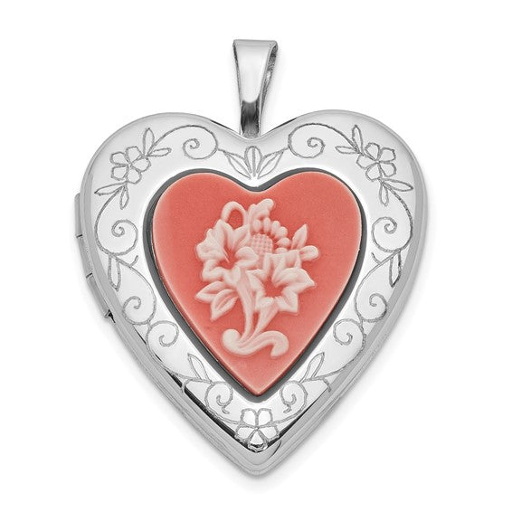 Sterling Silver 20mm Polished Pink Resin Cameo Flower Heart Locket