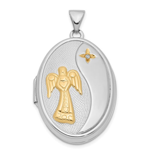 Sterling Silver RH-pltd with Yellow Rhod Dia God Bless Angel Family Locket