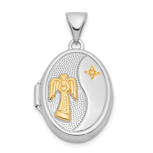 Sterling Silver RH Yellow Rhodium 17mm Guardian Angel Oval Locket